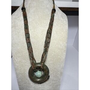 VTG Tribal Style Metal Beaded Necklace W Pendant Patina Copper Tones 24"